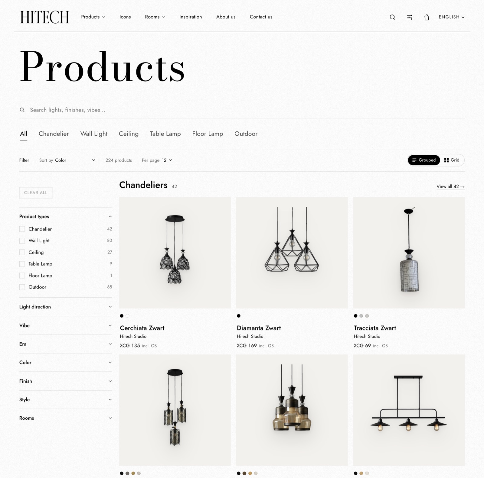 The Hi-Tech storefront: a product catalogue of lighting, each item on a clean studio background, filterable by type, room, colour and finish.